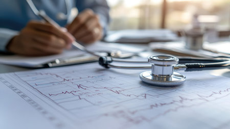 A stethoscope resting on a medical chart showing ECG waves, with a healthcare professional hands preparing for a patient exam in the background.の素材