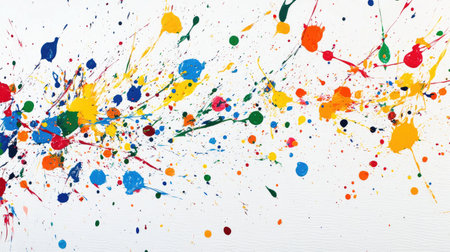 A vibrant array of multicolored paint splashes on a white canvas, creating an abstract, dynamic pattern full of energy and creativity.の素材