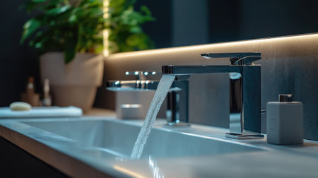 A stylish bathroom faucet with a waterfall spout, elegantly designed and mounted on a contemporary sink with polished countertop and soft ambient lighting.の素材