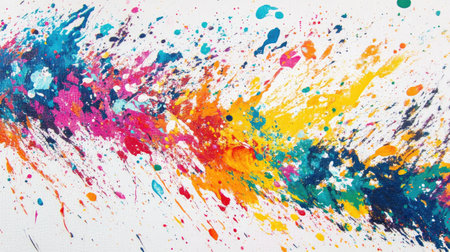 A vibrant array of multicolored paint splashes on a white canvas, creating an abstract, dynamic pattern full of energy and creativity.の素材