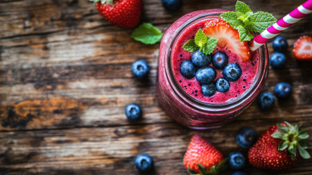 A vibrant berry smoothie topped with fresh strawberries, blueberries, and mint leaves, served in a mason jar with a striped straw, on a wooden table.の素材