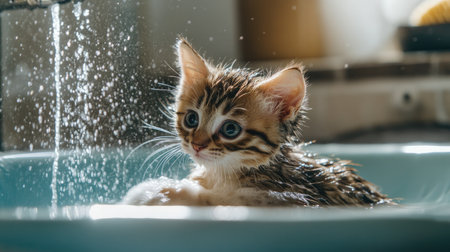 A tiny kitten being gently bathed in a sink, with a soft stream of water running over its back, surrounded by a soothing bathroom settingの素材