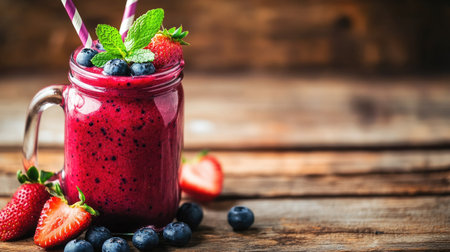 A vibrant berry smoothie topped with fresh strawberries, blueberries, and mint leaves, served in a mason jar with a striped straw, on a wooden table.の素材