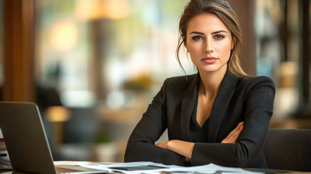 A well-dressed businesswoman with a clear, expressive face, seated at a desk with documents and a laptop, portraying a serious and engaged professional demeanor.の素材