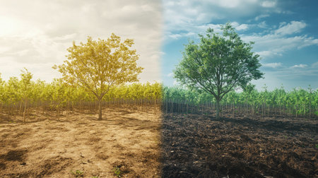 A vibrant landscape showing a before-and-after of a reforestation project, with a contrast between a barren area and a lush, green forest filled with young trees.の素材
