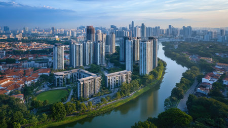 An aerial view of a sprawling cityscape with tall high-rise buildings along the river, showcasing a mix of modern architecture and green spaces.の素材