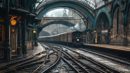 A view of railway tracks through a historic railway station, with vintage locomotives and period architecture creating a nostalgic and classic rail travel atmosphere.の素材