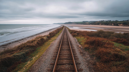 A wide-angle view of a railway track running parallel to a coastal area, with the ocean in the background and the tracks extending towards the horizon.の素材