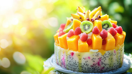 A vibrant, fruity summer cake topped with fresh tropical fruits like mango, kiwi, and dragon fruit, set against a bright and sunny outdoor backgroundの素材