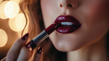 A woman applying a rich, berry-colored lipstick, with a focus on her lips and the applicator, set against a softly lit vanity mirror backdropの素材