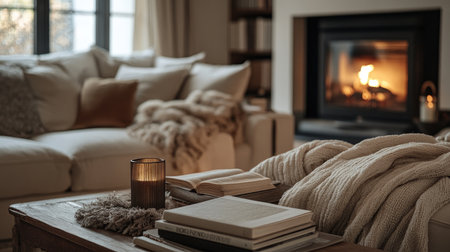 A warm and inviting living room with a large, cozy sofa, a stack of books on the coffee table, and soft, plush throw blankets, perfect for a relaxing evening.の素材