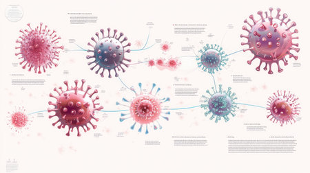 An educational diagram showing the lifecycle of a virus, including stages of infection and replication, with clear labels and a clean, informative designの素材