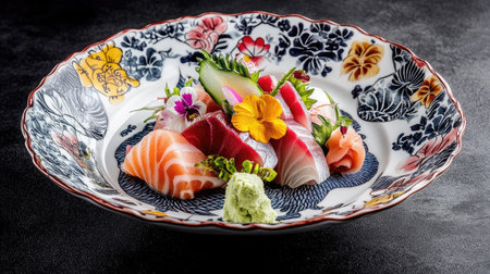 An elegant presentation of Japanese sashimi with thinly sliced raw fish, wasabi, and pickled ginger, artfully arranged on a decorative plate.の素材