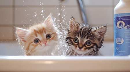 Two adorable kittens being bathed in a sink, one shaking off water while the other peeks out from behind a bottle of pet shampoo.の素材