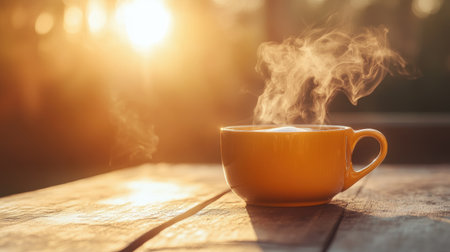 Gentle wisps of smoke drifting upward from a freshly brewed cup of coffee, illuminated by warm morning sunlight on a rustic wooden table.の素材