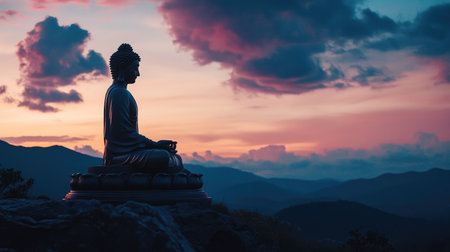 The silhouette of a Buddha statue on a hilltop at dusk, with the fading light creating a calming and spiritual atmosphere against the backdrop of a twilight sky.の素材