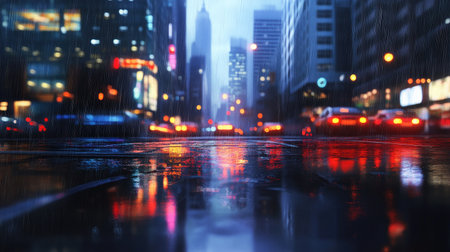 An urban street scene with contemporary street lights and a backdrop of sleek skyscrapers, with the lights reflecting off wet pavement after a rain shower.の素材