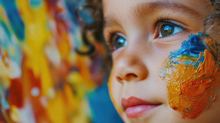 A close-up of a child face with paint smudges on their cheeks, happily concentrating on painting a canvas, with vibrant colors in the background.の素材