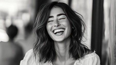 A candid shot of a woman laughing, capturing her joyful expression and natural beauty, with her hair styled in loose waves and minimal makeup.の素材