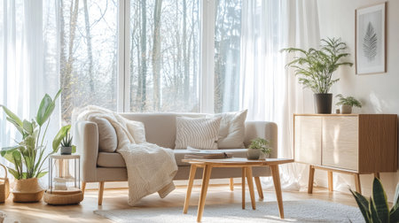 A bright and airy living room with a Scandinavian design, featuring light wood furniture, a large window with sheer curtains, and cozy throw blankets.の素材