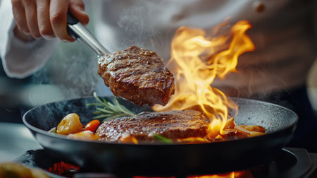 A chef flipping sizzling steak in a hot skillet, with flames and smoke adding to the dynamic and delicious cooking processの素材