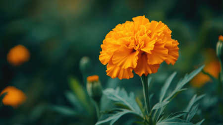 A beautiful orange marigold flower blooming against a green background, highlighting the vivid and lively hue of the petals.の素材