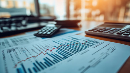 A banking report on a desk, featuring a detailed financial graph with stock market data, surrounded by documents and a calculatorの素材