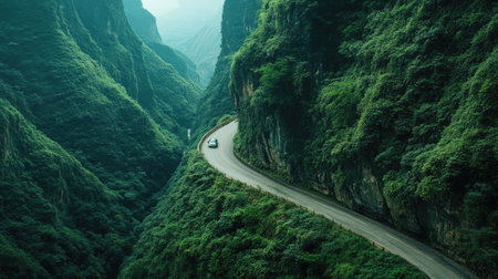 A car driving along a narrow mountain pass with lush greenery and steep slopes, capturing the thrill of an adventurous road trip.の素材