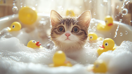 A charming scene of a cat sitting in a bath filled with foam and rubber duckies, with its fur slightly wet and a look of curiosity and wonder on its face.の素材