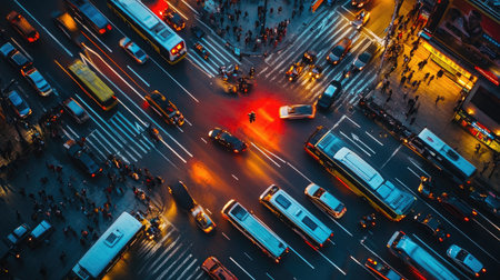 A busy intersection with a traffic light showing red, and cars and buses stopped, creating a scene of urban congestion and movementの素材