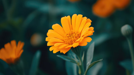 A beautiful orange marigold flower blooming against a green background, highlighting the vivid and lively hue of the petals.の素材