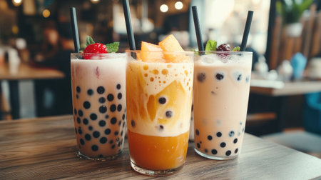 A casual scene with a table featuring a variety of bubble tea drinks, including traditional milk tea, fruit flavors, and seasonal specials.の素材