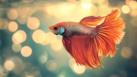 A dynamic image of a Betta fish with its fins fully spread, creating a striking visual effect in a clear tank with an elegant background of softly blurred aquatic elements.の素材