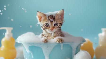 A kitten sitting in a small plastic tub, covered in foam, while water drips from its ears and whiskers, surrounded by soap bottles.の素材