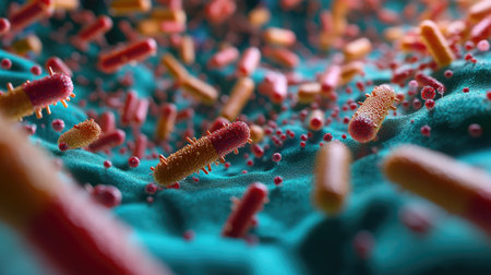A microscopic view of bacteria and viruses on a surface, emphasizing their presence and potential impact on health, with a focus on scientific accuracyの素材