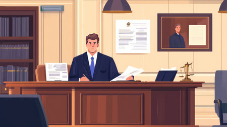 A lawyer presenting a case in a courtroom with legal documents and evidence displayed on the table, highlighting the process of seeking justice.の素材