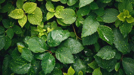 A lush garden scene featuring various leaves with water droplets after a refreshing rain, highlighting the freshness and vitality of the natural environment.の素材