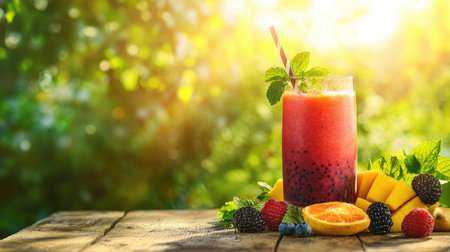 A refreshing glass of blended fruit juice with vibrant colors, garnished with fresh fruit slices and a mint leaf, set on a wooden table with a sunny outdoor backdropの素材