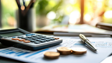 A modern savings calculator with financial documents and a pen on a desk, highlighting budgeting and planning as part of the money-saving process.の素材
