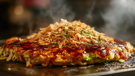 A vibrant Japanese okonomiyaki, a savory pancake topped with a variety of ingredients like cabbage, pork, and bonito flakes, served with a drizzle of sauceの素材