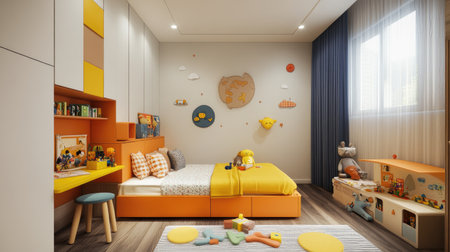 A playful, colorful children's bedroom with a themed bed, bright wall art, and plenty of storage for toys, designed to be fun and inviting.の素材