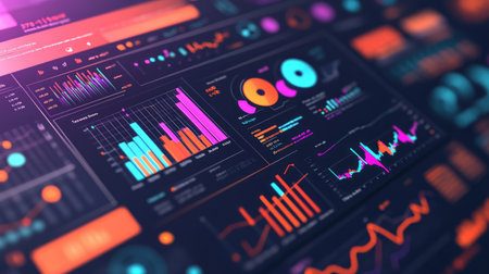 A vibrant infographic on a computer screen, featuring colorful charts, graphs, and data visualizations in a clean, modern layout.の素材