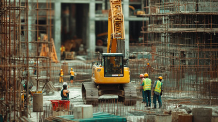 Construction workers in hard hats and safety vests operating heavy machinery on a building site, with scaffolding and partially built structures in the background.の素材