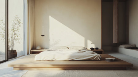 A stylish minimalist bedroom with a low-profile bed, simple decor, and ample space, highlighted by a calming color scheme and uncluttered surfaces.の素材