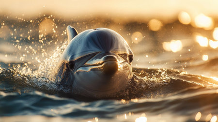A close-up of a dolphin face as it emerges from the water, with droplets glistening in the sunlight, capturing a moment of playful interaction.の素材