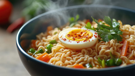 A close-up of a steaming bowl of instant noodles, with vibrant vegetables and a boiled egg, garnished with fresh herbs and chili flakes.の素材