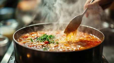 A close-up of a steaming bowl of soup being ladled into a serving dish, showcasing the rich, flavorful ingredients and hot, appetizing steam.の素材