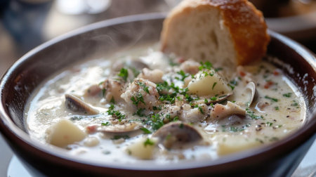 A close-up of a steaming bowl of clam chowder, with tender clams, potatoes, and a creamy broth, garnished with fresh parsley and served with a bread roll.の素材