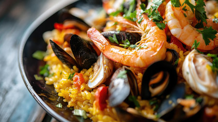 A close-up of a plate of seafood paella, featuring vibrant shrimp, mussels, and clams mixed with saffron-infused rice and fresh herbs.の素材