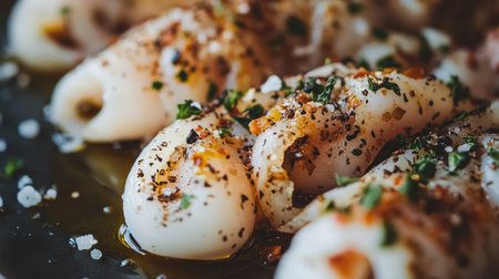A close-up of a grilled squid platter with a light brush of olive oil, sprinkled with sea salt and black pepper, ready to be enjoyed.の素材